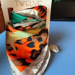 Orange Green Black and Gold Patterned Satin Scarf